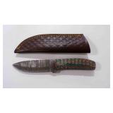 Damascus steel fixed-blade knife with sheath