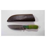 Damascus steel fixed-blade knife with sheath