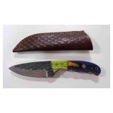 Damascus steel fixed-blade knife with sheath