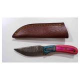 Damascus steel fixed-blade knife with sheath