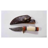 Damascus steel skinning knife with sheath