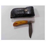 Damascus steel folding pocket knife with sheath