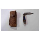 Damascus steel folding pocket knife with sheath