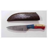 Damascus steel drop point knife with sheath
