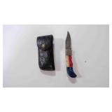 Damascus steel folding pocket knife with sheath