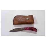 Damascus steel folding pocket knife with sheath