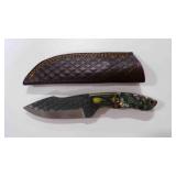 Damascus steel fixed-blade knife with sheath