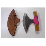 Damascus steel Ulu-style blade knife with sheath