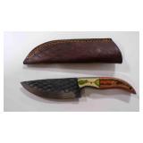 Damascus steel fixed-blade knife with sheath
