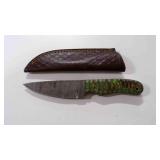 Damascus steel drop point knife with sheath