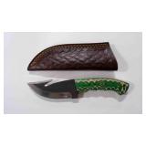 Damascus steel gut hook knife with sheath
