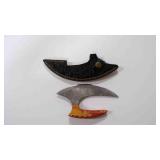 Damascus steel Ulu-style blade knife with sheath