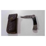 Damascus steel folding pocket knife with sheath