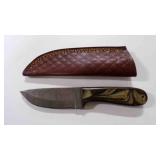 Damascus steel fixed-blade knife with sheath