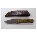 Damascus steel fixed blade knife with sheath