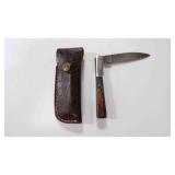 Damascus steel folding pocket knife with sheath