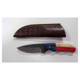 Damascus steel drop point knife with sheath