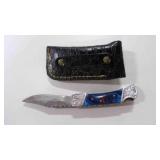 Damascus steel folding pocket knife with sheath