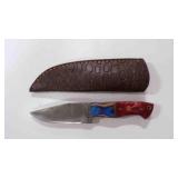 Damascus steel fixed-blade knife with sheath