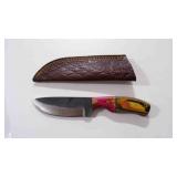 Damascus steel fixed-blade knife with sheath