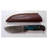 Damascus steel fixed-blade knife with sheath