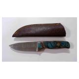 Damascus steel fixed-blade knife with sheath