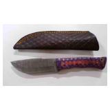 Damascus steel fixed-blade knife with sheath