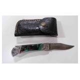 Damascus steel folding pocket knife with sheath