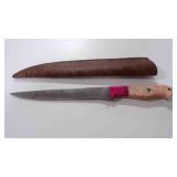Damascus steel long fillet blade knife with sheath