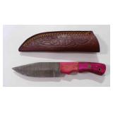 Damascus steel fixed blade knife with sheath