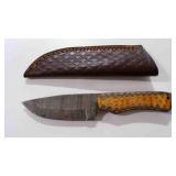 Damascus steel fixed blade knife with sheath