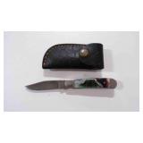 Damascus steel folding pocket knife with sheath