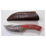 Damascus steel gut hook knife with sheath