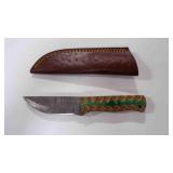 Damascus steel fixed-blade knife with sheath