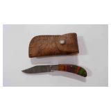 Damascus steel folding pocket knife with sheath