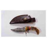 Damascus steel skinning knife with sheath