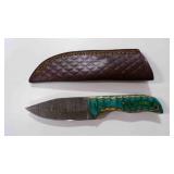 Damascus steel fixed-blade knife with sheath