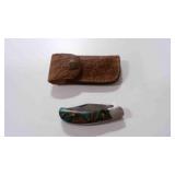 Damascus steel folding pocket knife with sheath