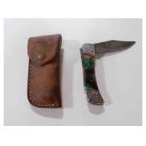 Damascus steel folding pocket knife with sheath