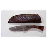 Damascus steel fixed -blade knife with sheath