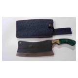 Damascus steel cleaver bladed knife with sheath