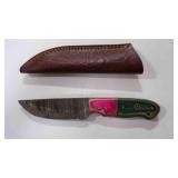 Damascus steel fixed-blade knife with sheath