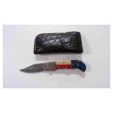 Damascus steel folding pocket knife with sheath