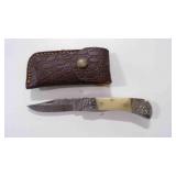 Damascus steel folding pocket knife with sheath