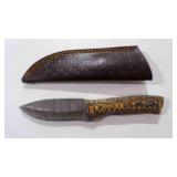 Damascus steel drop point knife with sheath