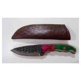 Damascus steel fixed-blade knife with sheath