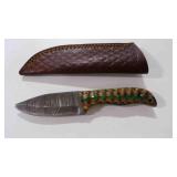 Damascus steel fixed blade knife with sheath