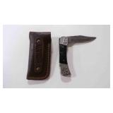 Damascus steel folding pocket knife w/sheath