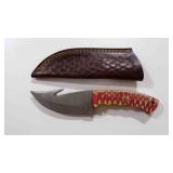 Damascus steel gut hook knife with sheath