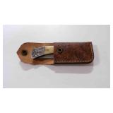 Damascus steel folding pocket knife with sheath